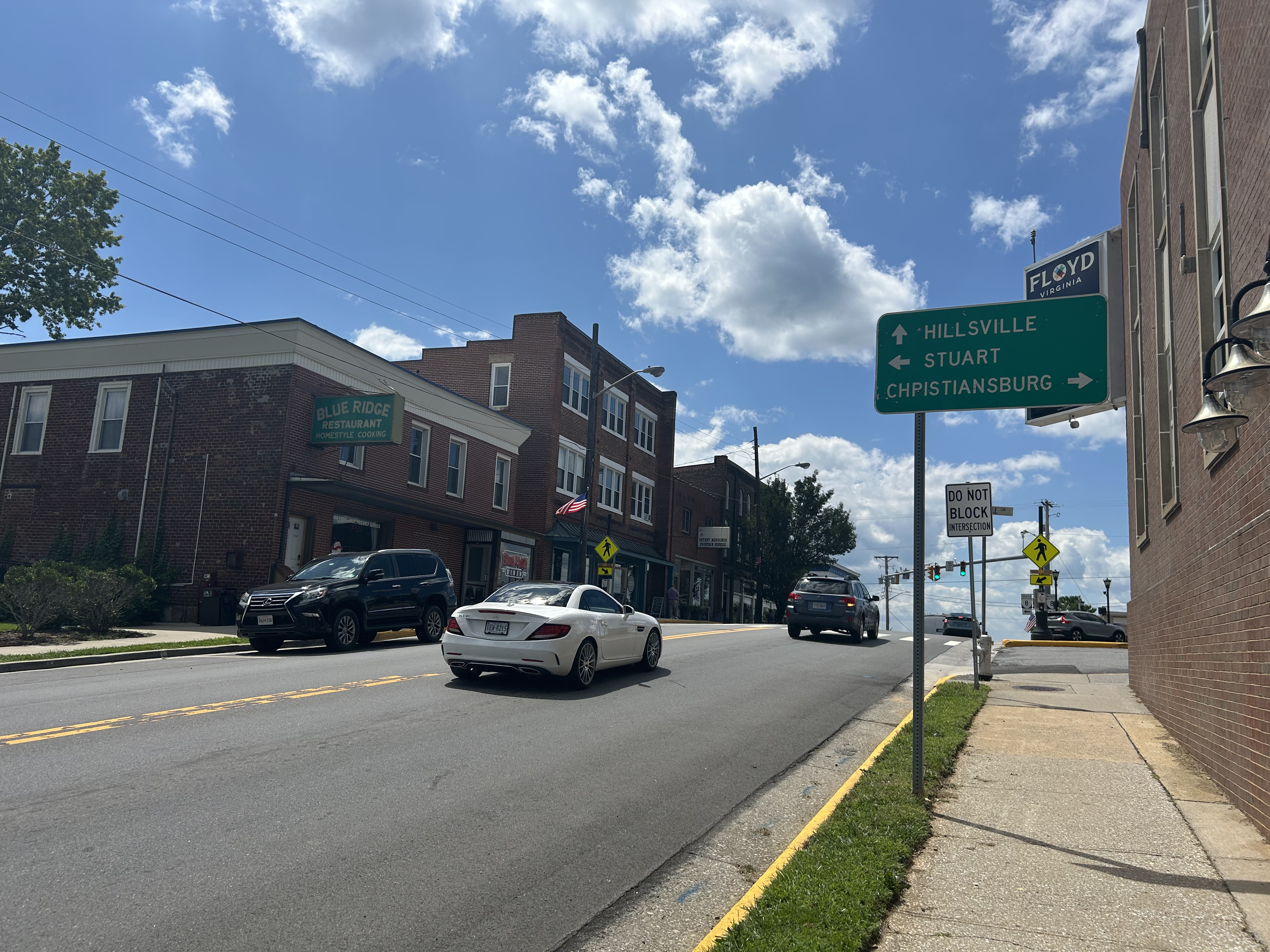 Downtown Floyd, Virginia, with the Floyd town sign